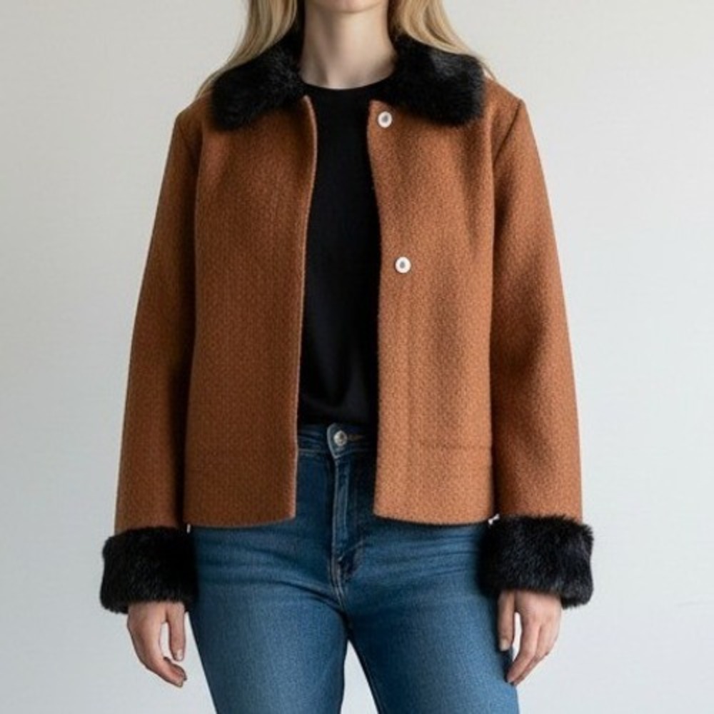 Vintage Boiled Wool Jacket PS Brown‎ Faux Fur Trim Cozy Glamour Retro